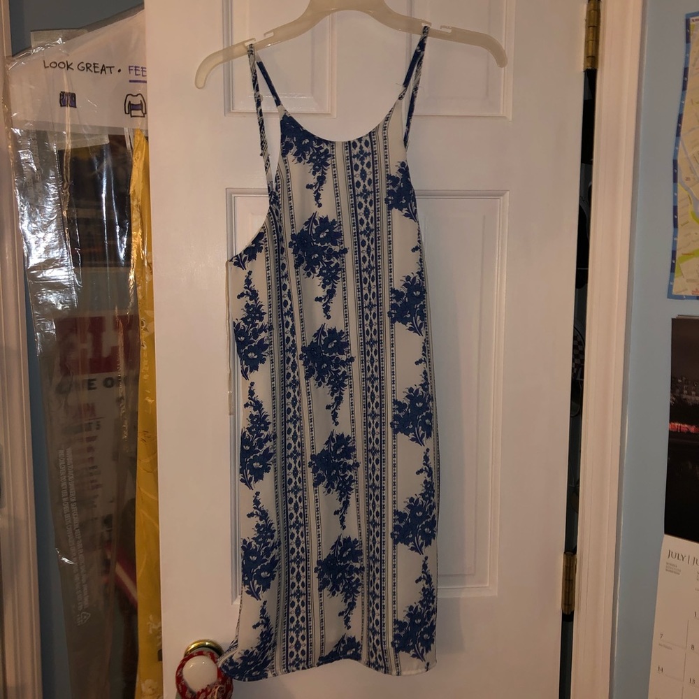 Blue and White Floral High Neck Dress